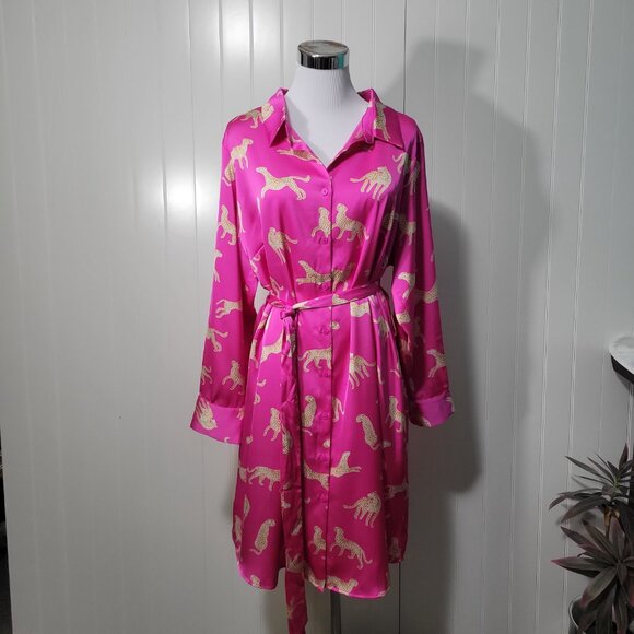 NWT Skies are Blue Curvy Pink Animal Cheetah Print Button Down Satin Shirt Dress - Picture 2 of 13